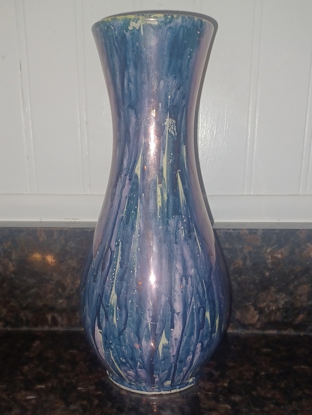 Vintage Mid-Century Style 10" Blue & Pink Drip Glaze Ceramic Vase, Signed MLA
